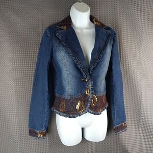 Boho‎ Denim Blazer Jacket M Ruffle Trim Gold Lace Western Y2K Embroidered Jeans